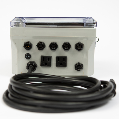 this image shows the under side of the pool Link 1000 series chemical controller for commercial pool applications. The underside has 7 connection ports and a power cable.